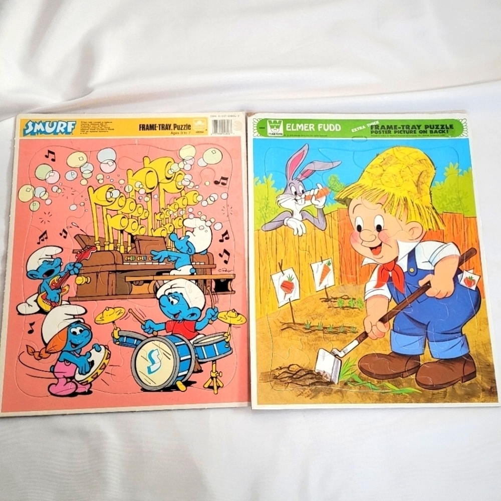 VTG Lot of 2 Child's Tray Puzzles Smurfs Elmer Fudd